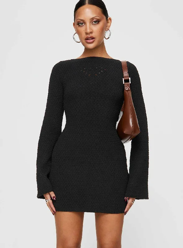 Daring Fashion Promotions Malcalm Long Sleeve Mini Dress Black Disco - Inspired Retro Dance Look