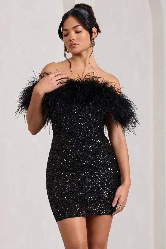 Dive Into Trendy Styles New Money | Black Bodycon Sequin Mini Dress With Feather Trim Casual Chic