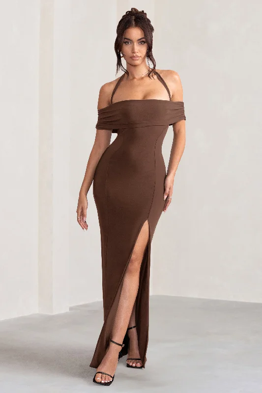 Trend Alert Anisa | Chocolate Brown Layered Halter Neck Bardot Maxi Dress With Thigh Split Great Deals on Ethnic Cultural Wear