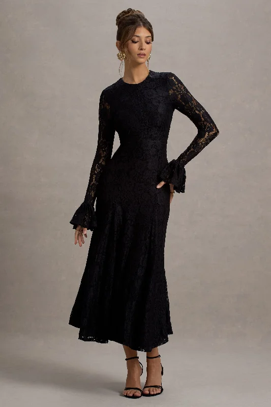 On-Trend Fashion Offers For Life | Black Lace Long-Sleeve Midi Dress Today Only