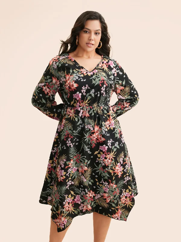 Step Ahead, Lead The Trend V Neck Floral Asymmetrical Hem Dress Limited - Stock