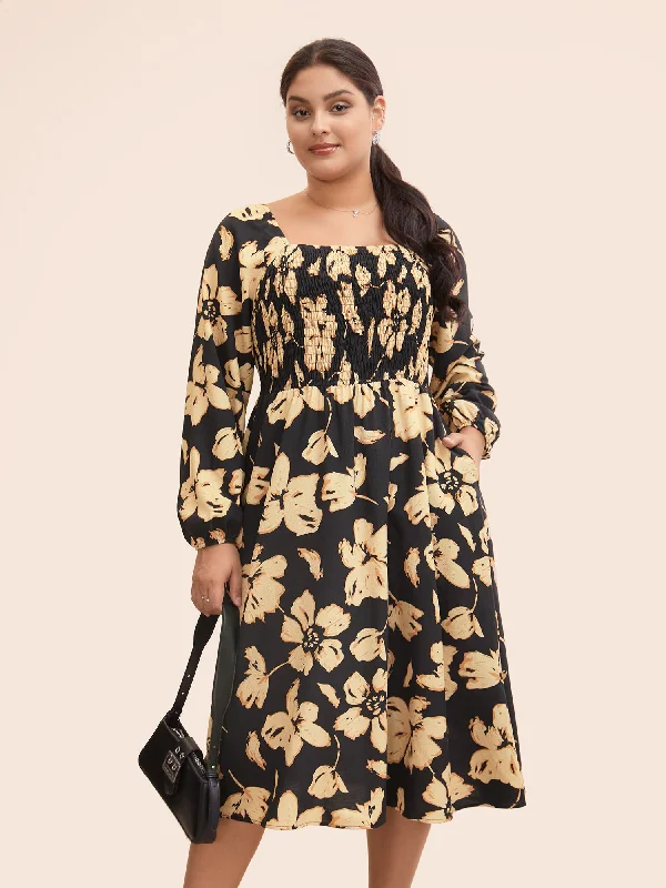 Low Price Special Floral Square Neck Shirred Lantern Sleeve Dress Save on Classic Elegant Styles