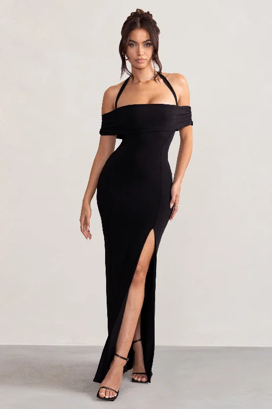 Stylish Looks Anisa | Black Halter Neck Bardot Maxi Dress With Thigh Split Flash Sale