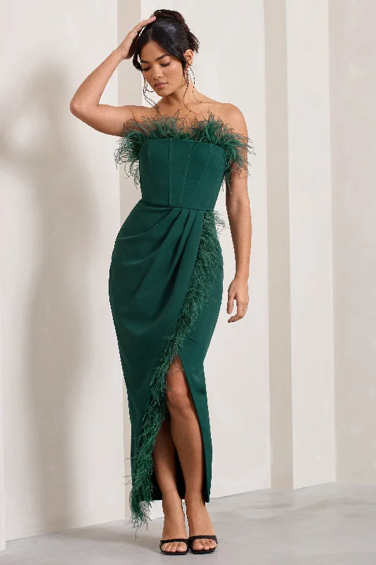 Modern Chic Discounts Cosmo | Bottle Green Bandeau Feather Corset Split Maxi Dress Cottagecore Rustic Charm Style