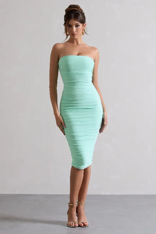 Seasonal Sale My Girl | Iced Green Strapless Bodycon Ruched Mesh Midi Dress Graceful Drape