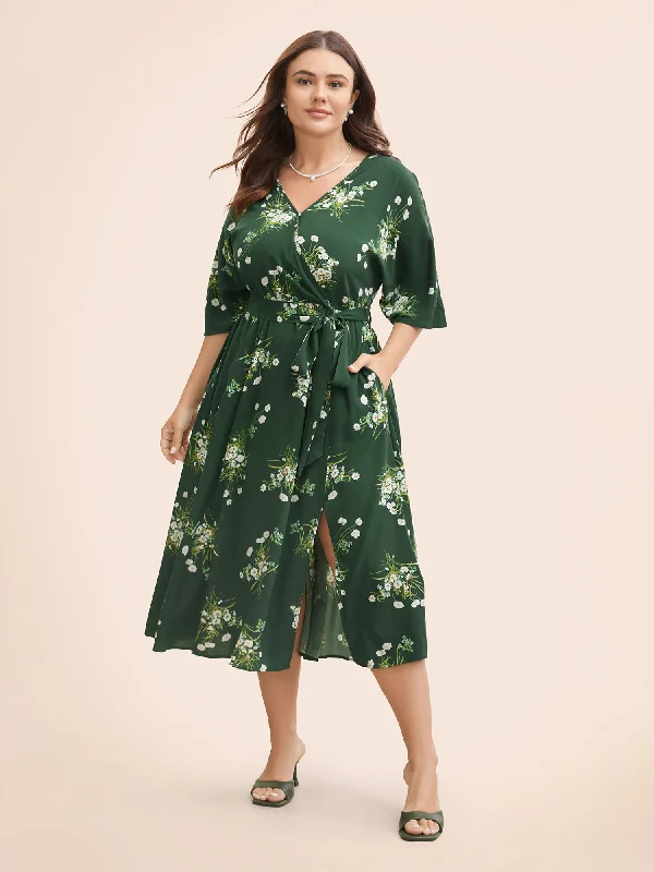 The Good Stuff Floral Overlap Collar Split Hem Dress Final Clearance