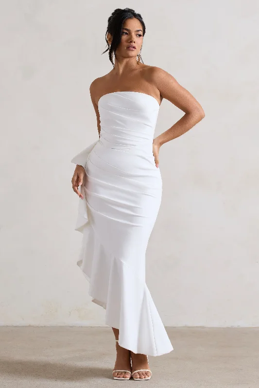 Casual Yet Chic Sales New Age | White Strapless Asymmetric Ruffled Maxi Dress Contemporary Chic