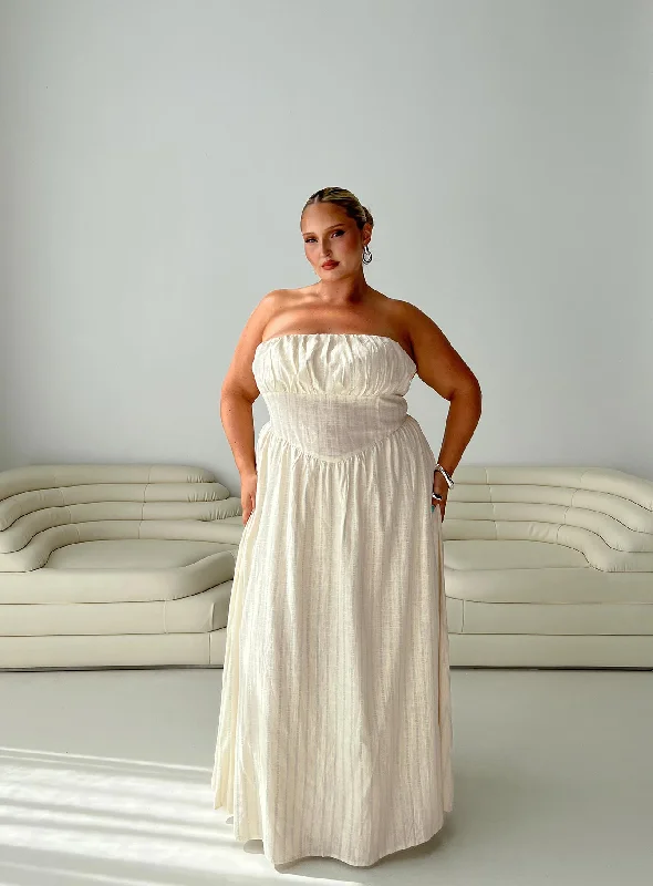 The Good Stuff Slow Dance Linen Blend Maxi Dress Cream / Blue Curve Statement Piece