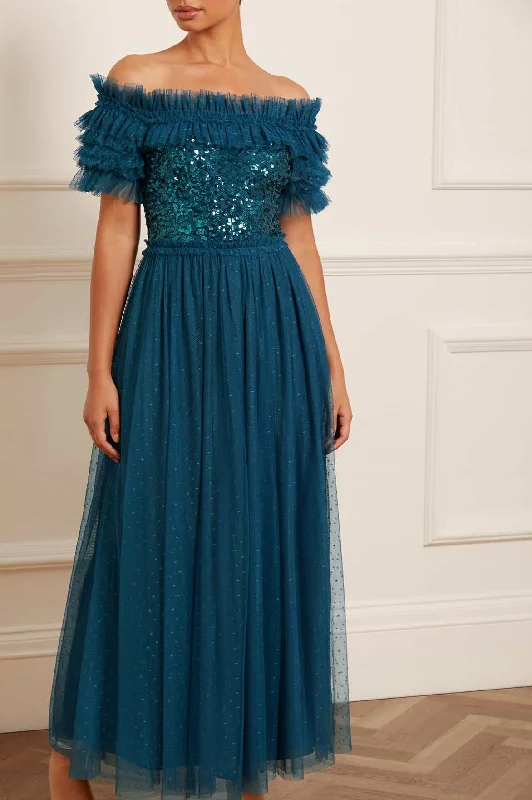 Mega Sale Sequin Wreath Bodice Off-Shoulder Ankle Gown Boho Chic