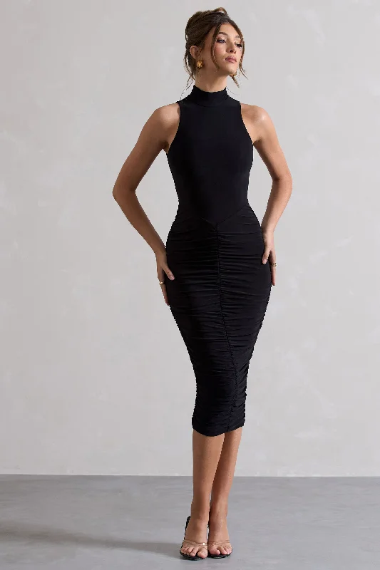 Style Breakthroughs Sidnie | Black Ruched Bodycon High-Neck Midi Dress Bohemian Vibe