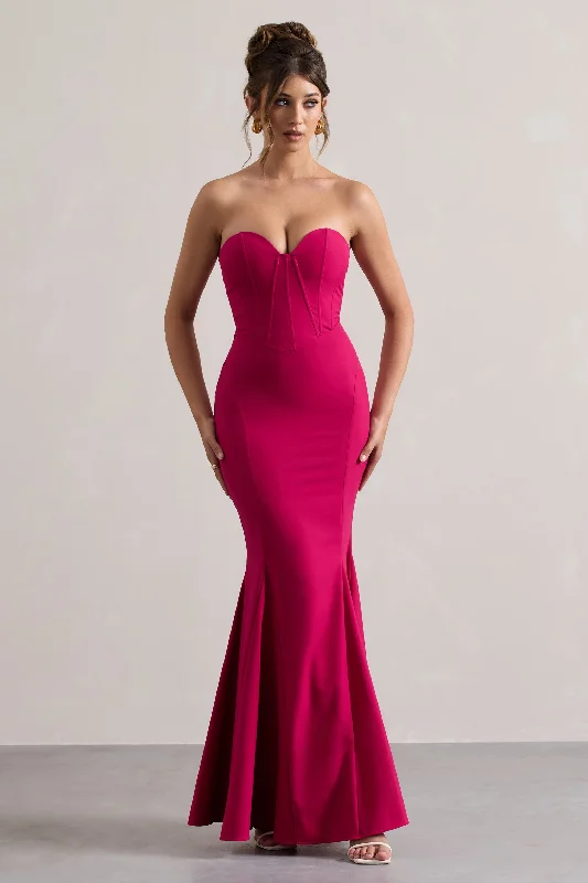 Mega Sale Idyllic | Hot Pink Strapless Corset Style Fishtail Maxi Dress Lightweight Fabric