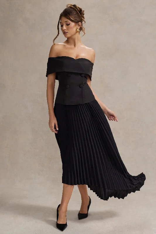 Trend Leading Collection Hattie | Black Bardot Tailored Midi Dress With Plisse Skirt Summer Fashion