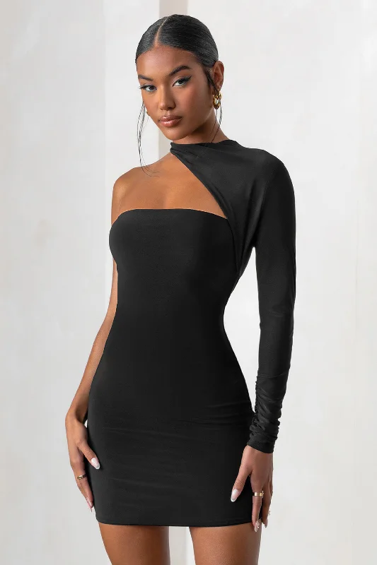 Retro Style Promotions Perfect Touch | Black One Shoulder Long Sleeve Mini Dress Lightweight Fabric