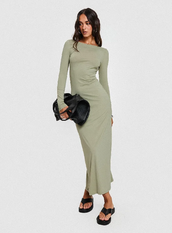 Seasonal Sale Rain Fire Long Sleeve Maxi Dress Sage Parisian Effortless Chic Style