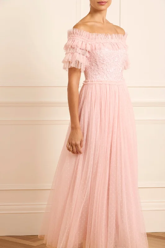 Vintage-Inspired Style Offers Midsummer Lace Bodice Off-Shoulder Ankle Gown Classic Timeless Elegant Style