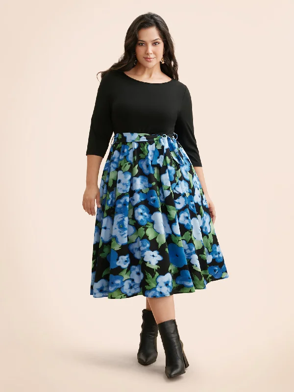 New Season Fashion Preview Round Neck Floral Patchwork Belted Dress Flash Sale