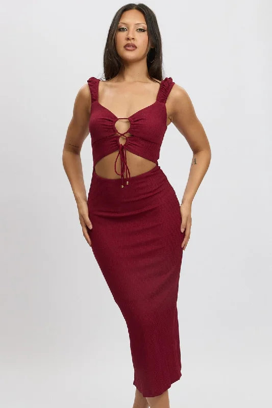 High-End Style Discounts Red Bodycon Dress Textured Midi Refined Look