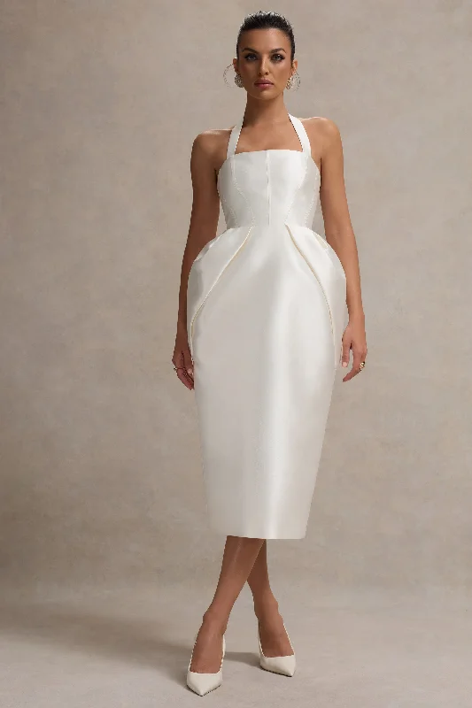 Vibrant Style Promotions Cosetta | White Halter-Neck Midi Dress With Tulip Skirt Refined Look