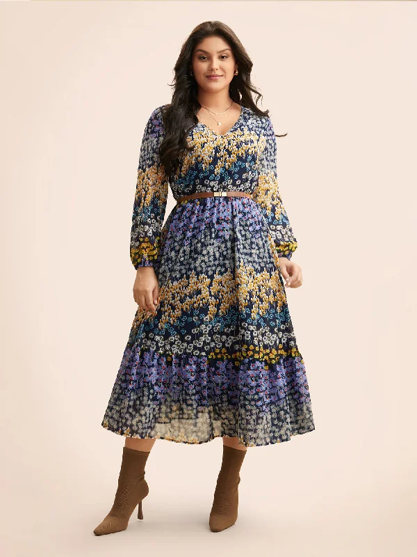 Special Offers, Don't Miss Chiffon Ditsy Floral Lantern Sleeve Dress Dreamy Draping