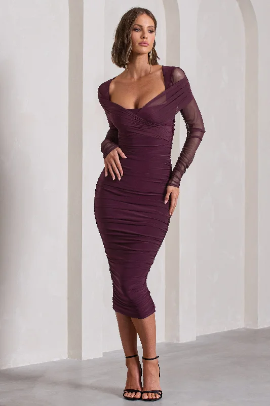 Fashion Deal Between The Lines | Plum Ruched Mesh Long-Sleeved Bodycon Midi Dress Modern Romance