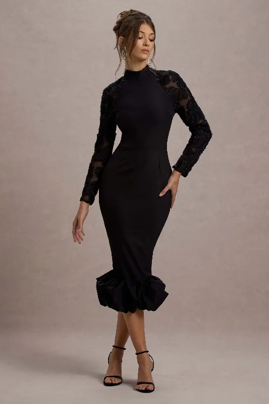 Statement Fashion Offers Chandra | Black Mesh Long-Sleeve Midi Dress With Ruffle Hem Formal Outfit