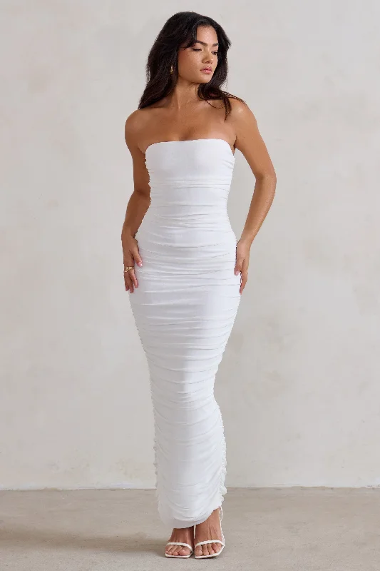 Unleash Your Fashion My Lady | White Strapless Bodycon Ruched Mesh Maxi Dress Formal Outfit