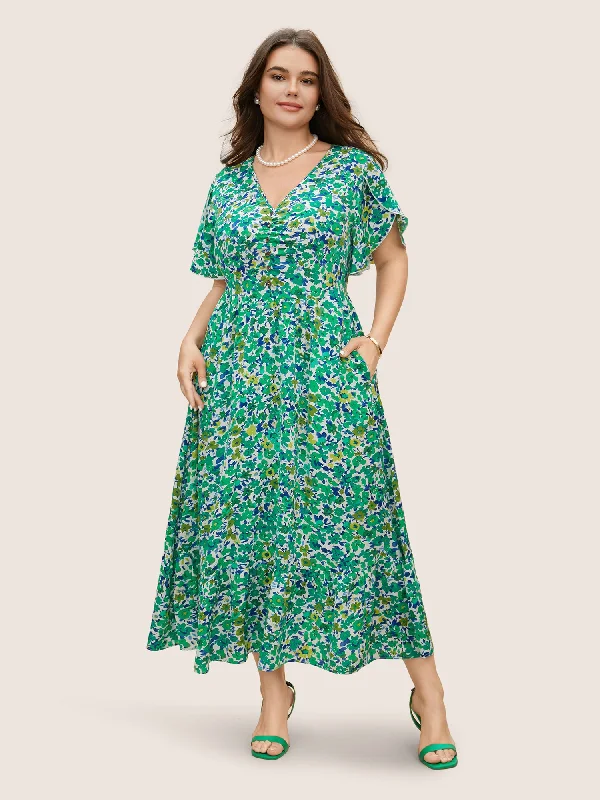 Flash Sale Starts Floral Button Detail Petal Sleeve Maxi Dress Flash Sale