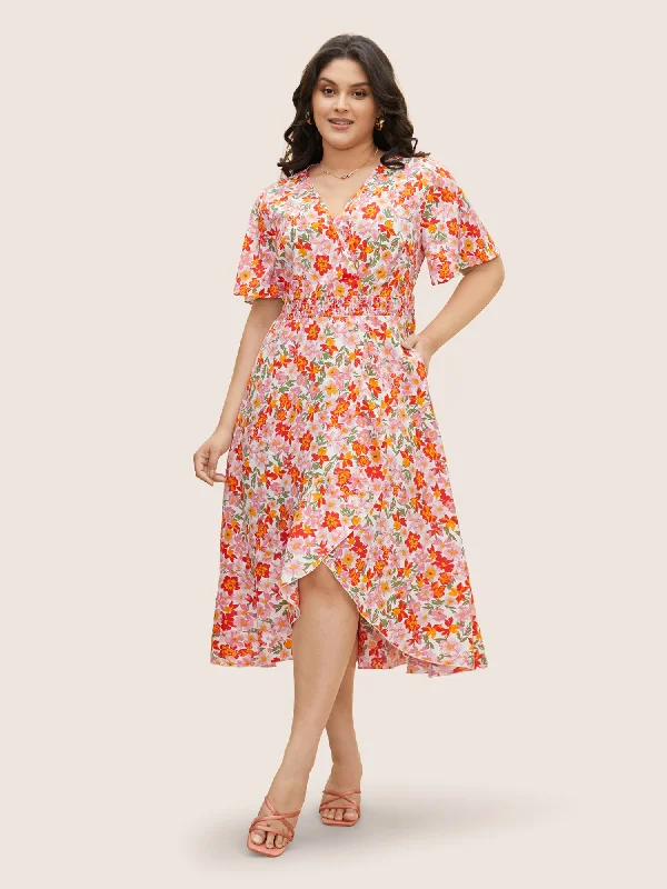 Special Offers Floral Shirred Wrap Hem Ruffle Sleeve Midi Dress Chic Urban Fashion Look