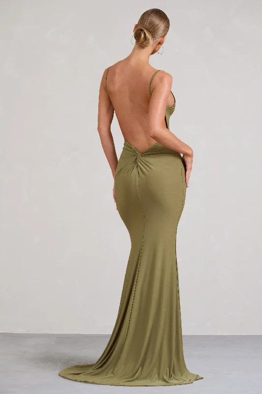 Casual Chic Endless Love | Olive Backless Knot Detail Fishtail Maxi Dress Casual Chic