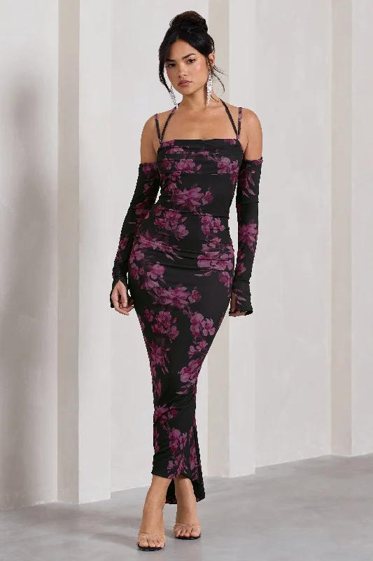 Save Big Jessie | Black Floral Print Strappy Long-Sleeved Bodycon Maxi Dress Casual Weekend Relaxed Style