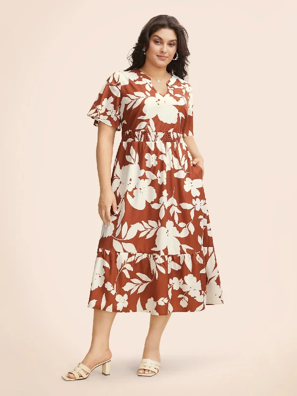 Contemporary Fashion Sale Silhouette Floral Print Shirred Ruffles Dress Refined Simplicity