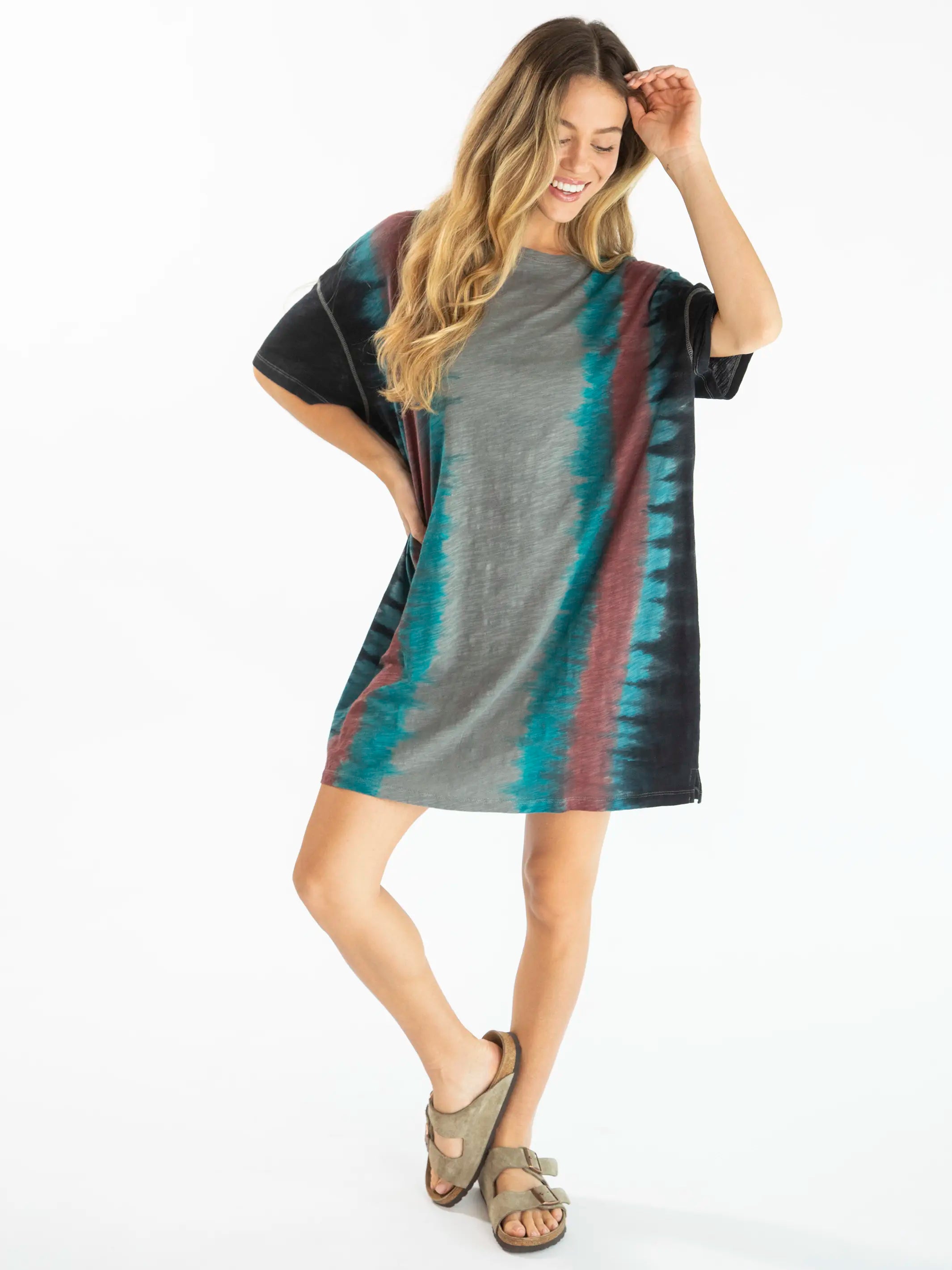 Vibrant Style Promotions Misty Oversized Cotton Tee Mini Dress - Turquoise Tie-Dye Dreamy Aesthetic