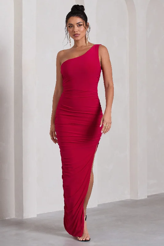 Forward Trendsetter Persia | Red One Shoulder Side Split Ruched Maxi Dress Graceful Movement