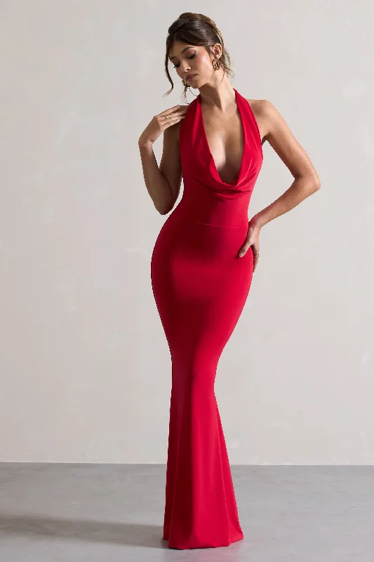 High-End Style Discounts Milani | Red Backless Cowl Neck Fishtail Maxi Dress Alluring Design