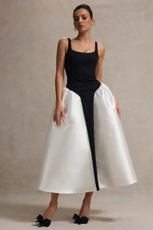 Seasonal Trends Christie | Black and Cream Scoop-Neck Midi Dress With Volume Skirt Elegant Attire