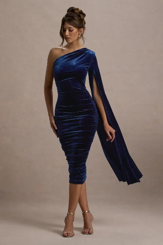 Best-Sellers Gianna | Navy Velvet One Shoulder Cape Bodycon Midi Dress Luxury Comfort