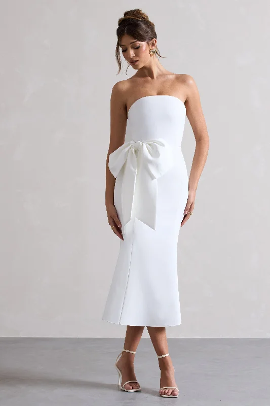 Exclusive Designer Style Deals To Me | White Bandeau Midi Dress With Oversized Bow Effortless Grace