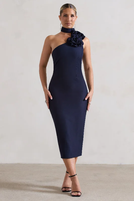 Style Breakthroughs The Soiree | Navy Bodycon Midi Dress With Ruffled Choker Final Clearance