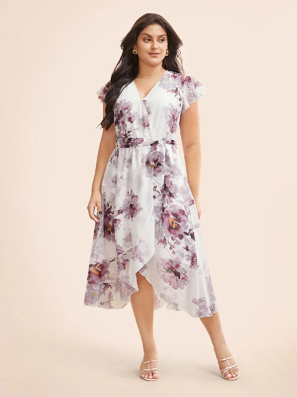 Popular Collection Floral Overlap Collar Ruffle Cap Sleeve Dress Big Savings on Minimalist Office Styles