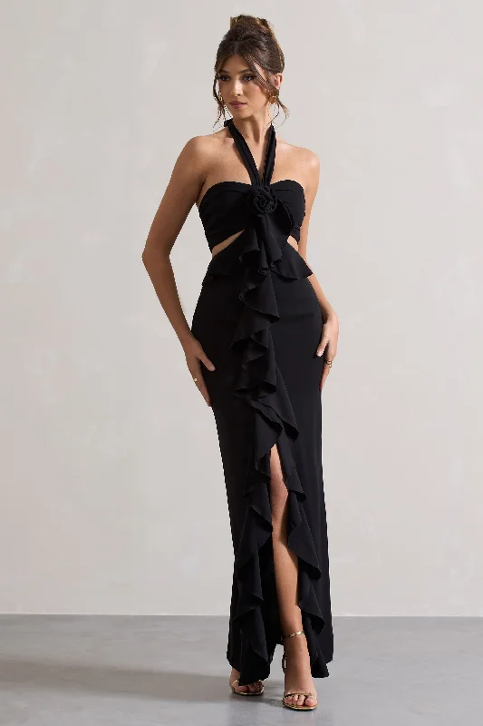 Elevated Casual Discounts Powerful | Black Cut-Out Halter-Neck Maxi Dress With Flower & Ruffles Final Clearance