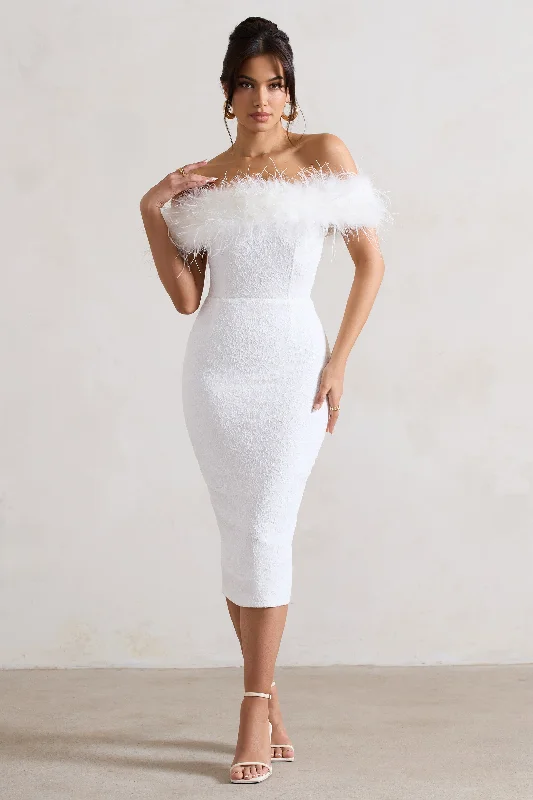 Easy Elegance Sales Maiden | White Lace Bardot Midi Dress With Feather Trim Chic Sophistication