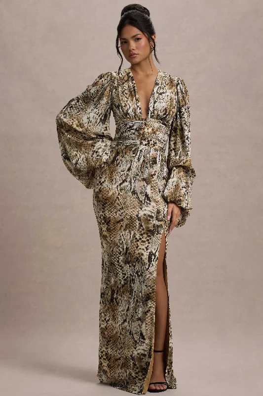 Seasonal Fashion Casarile | Snake Print V-Neck Balloon Sleeve Maxi Dress Tropical Island - Inspired Attire