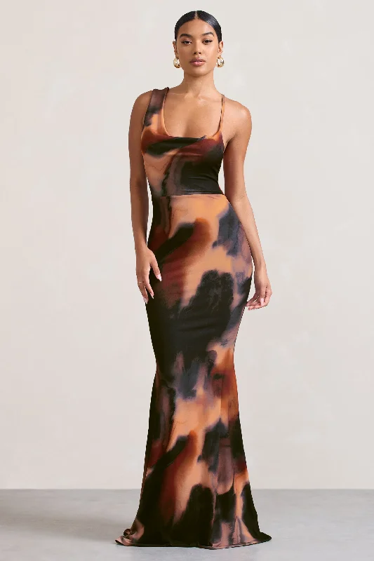 Fashion Essentials Phantasy |  Orange Smoke Print Asymmetric Neckline Cowl Maxi Dress Effortless Comfort