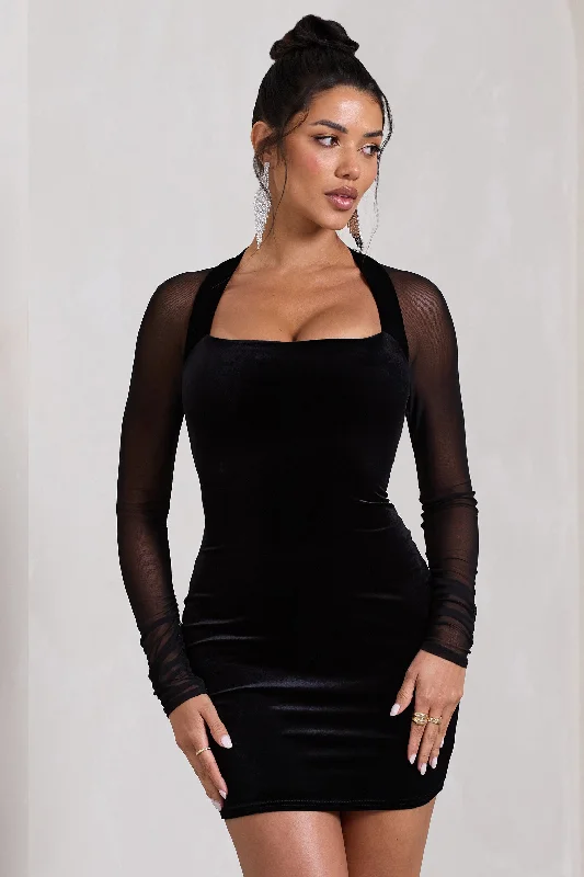 Unleash Your Trendy Side Off-Piste | Black Velvet Bodycon Mini Dress With Sheer Sleeves Flowing Silhouette