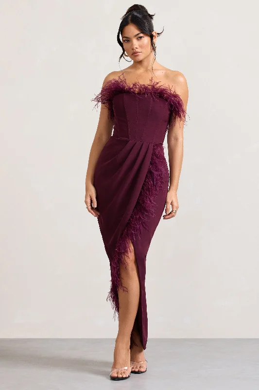 On-Trend Fashion Offers Cosmo | Burgundy Bandeau Feather Corset Split Maxi Dress Disco - Inspired Retro Dance Look