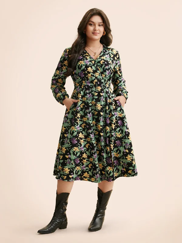 Flash Sale Starts Floral Overlap Collar Lantern Sleeve Dress Sophisticated Cut