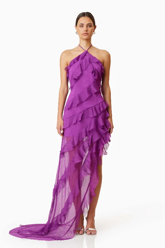 Sustainable Fashion Extravaganza Mia Halterneck Maxi Gown In Purple Floral Style