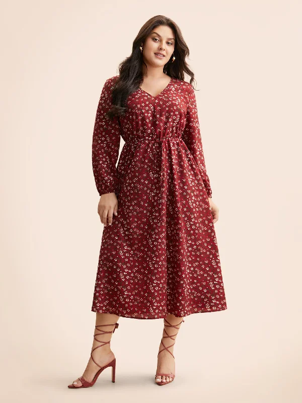 Explore What'S New V Neck Ditsy Floral Drawstring Dress Chic Allure