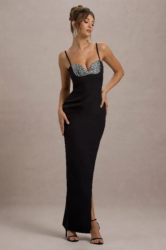 Sophisticated Style Offers Ignacia | Black Asymmetric Maxi Dress With Hotfix Detail Lightweight Fabric