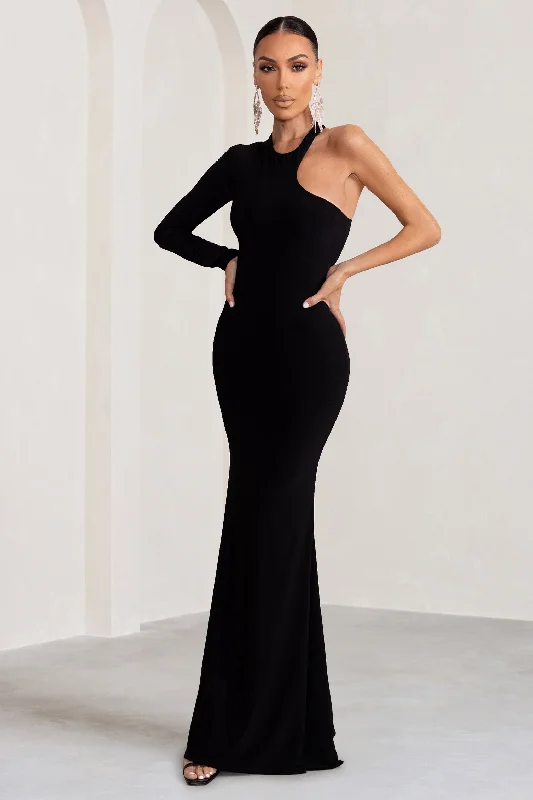 Exclusive Sale Tyra | Black Asymmetric Neck Cut Out Maxi Dress With Open Back Detail Big Savings on Minimalist Office Styles